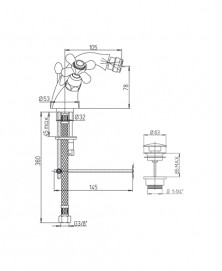 disegno tecnico rubinetto bidet Paini serie liberty 17QL327 rame antico