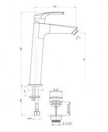 disegno tecnico miscelatore lavabo bagno tipo alto per camper SPKEC110 argo rubinetterie